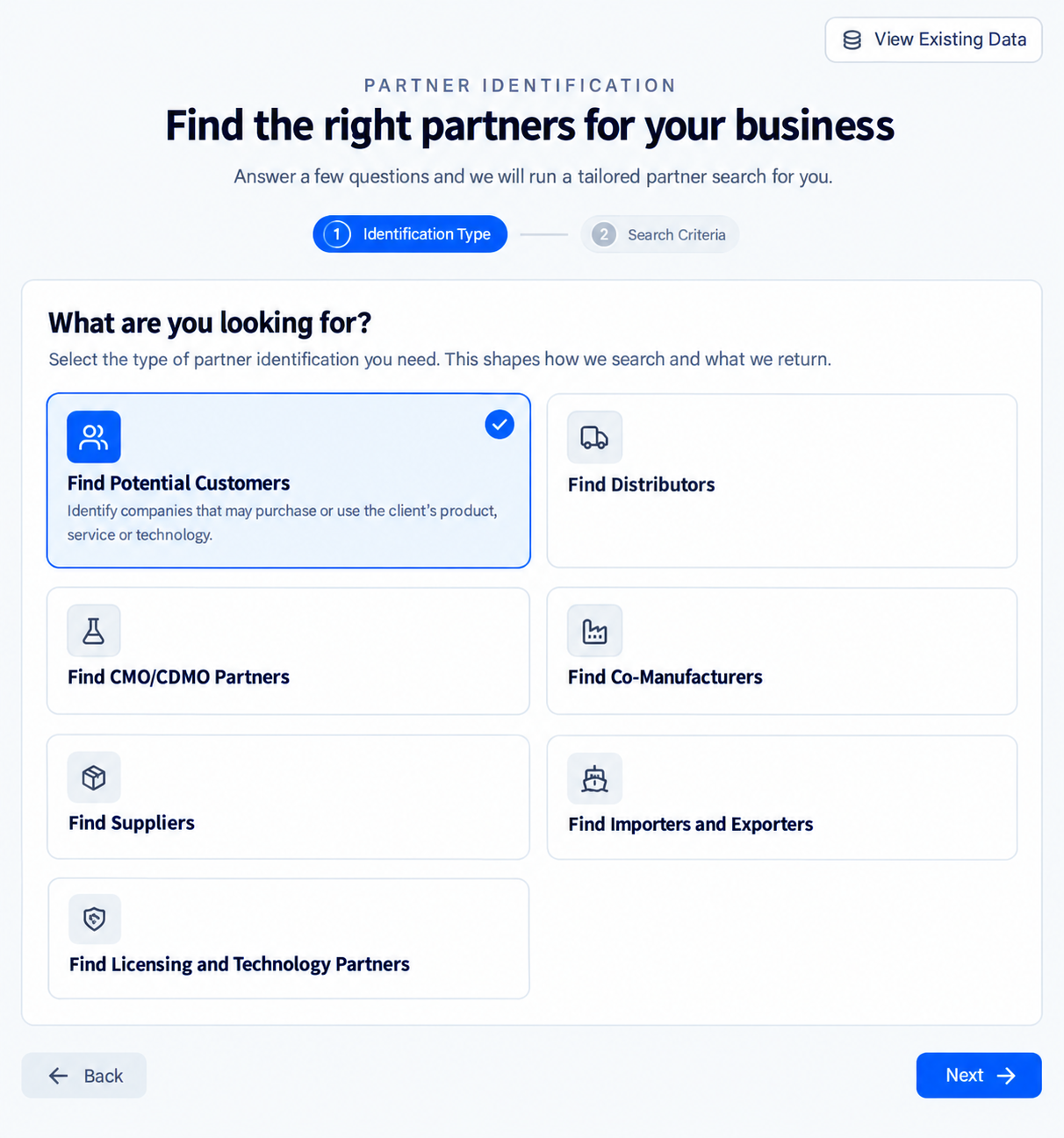 Partner IQ - identification type selection screen
